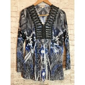 World‎ Unity Boho Top Womens Large Blue Medallion Boho Hippie Mesh Embroidered